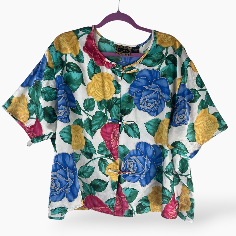 Solange Satin Floral Rose Print Frog Eye Button Blouse Top Plus Size 18 20